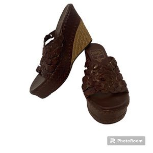 ASH SHOES WEDGE BROWN LEATHER WOVEN BRAID OPEN TOE TAN ROPE SOLES SIZE 38 7.5